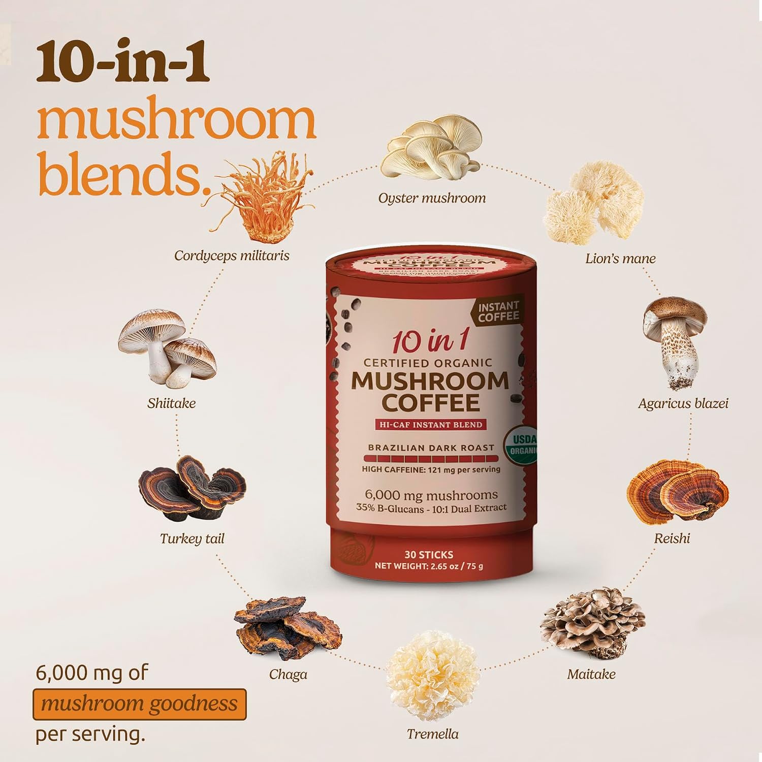 ShroomDNA Mushroom Coffee Blend with Chaga & Lion's Mane | Instant Focus + Clarity All Day | Organic + Vegan + Gluten Free | No Added Sugar | 20 Count