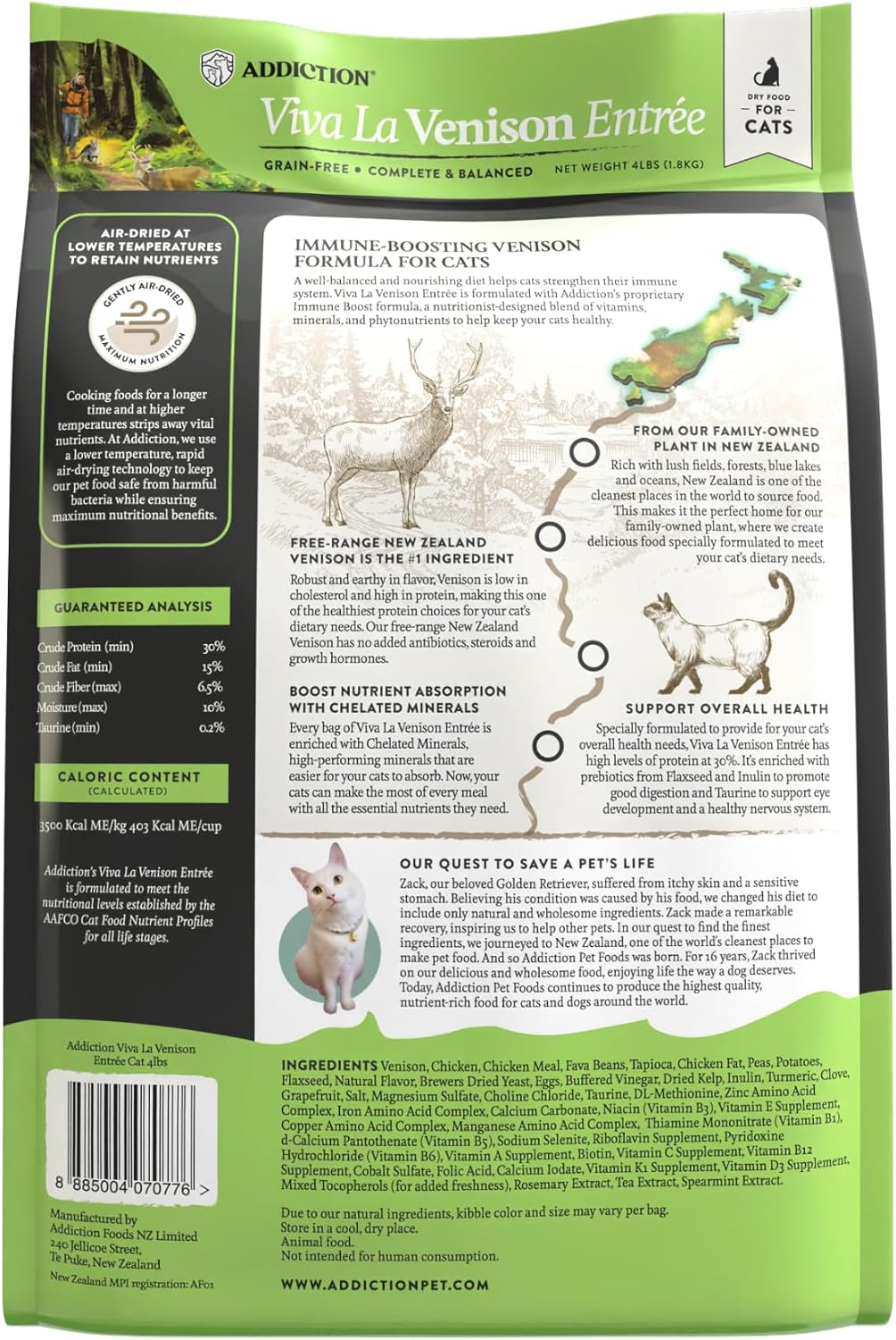 Addiction Viva La Venison Grain-Free Dry Cat Food - with Premium Venison to Support Muscle Development & Maintenance - High-Protein Recipe with Chicken & Low Carb - Made in New Zealand - 4lbs