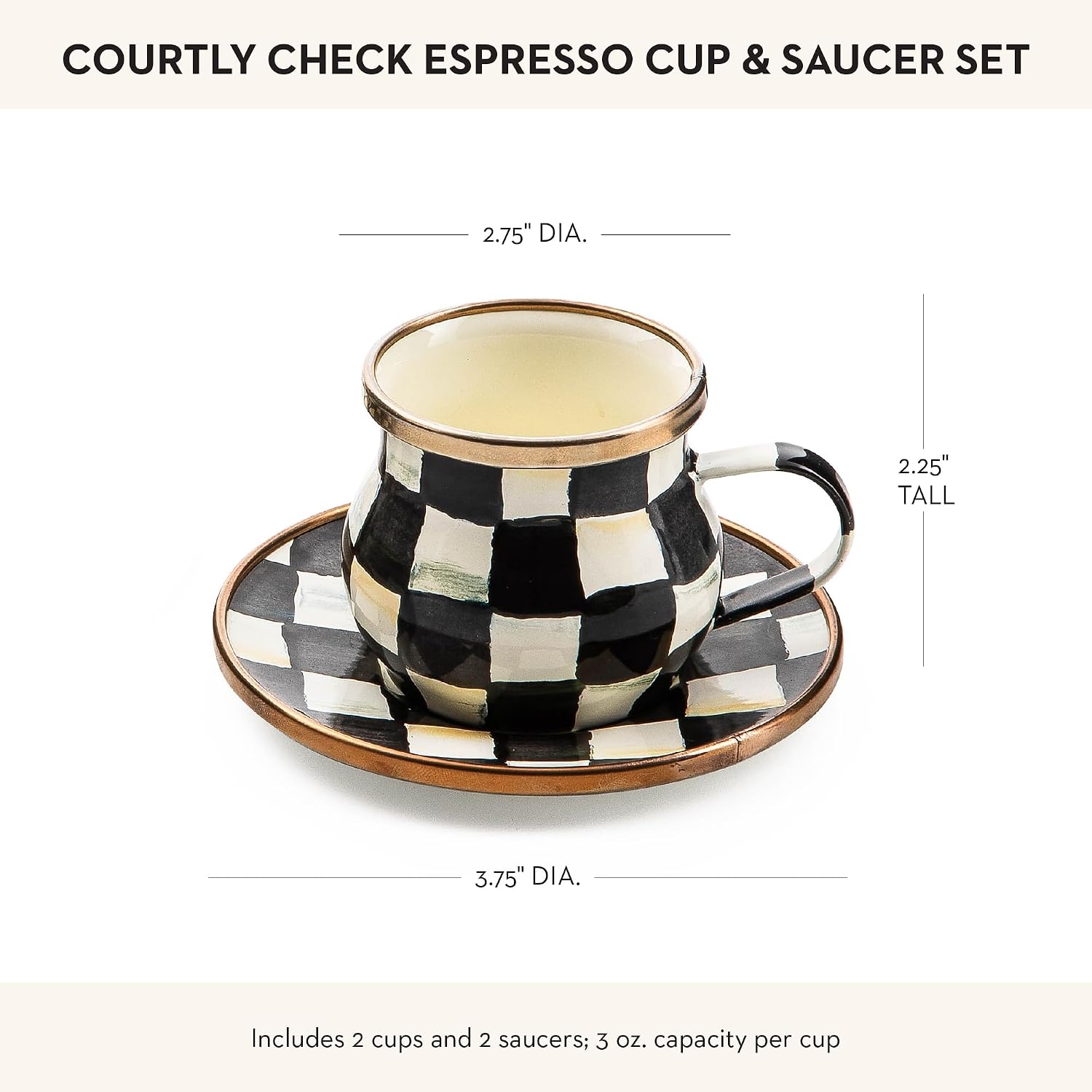 MACKENZIE-CHILDS Espresso Cup & Saucer Set, Black-and-White Courtly Check