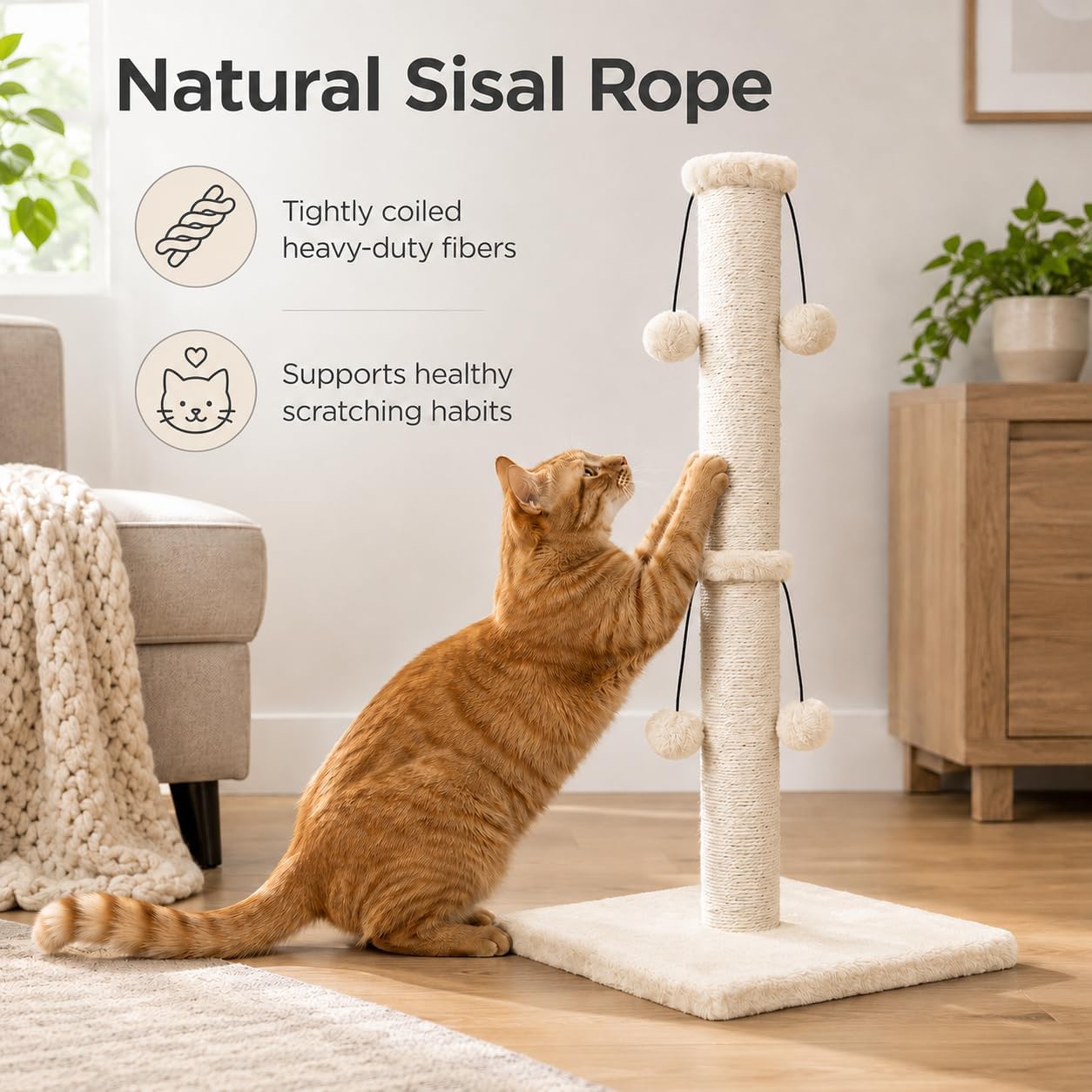 Dimaka 29'' Cat Scratching Post, Natural Sisal Rope Scratcher Post, Kitten Claw Scratch with 4 DanglingToy Balls for Large Cats (Grey)