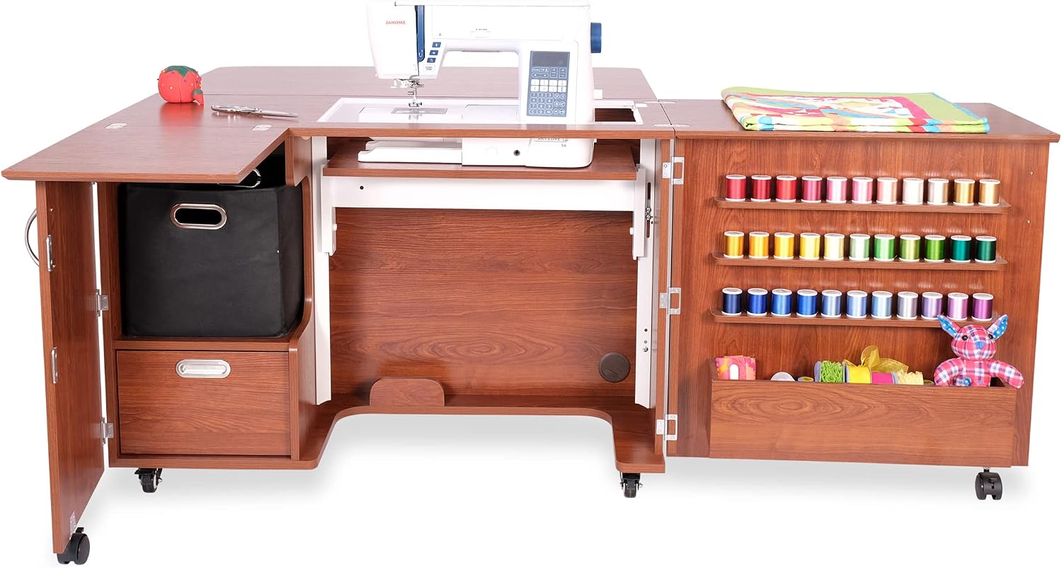 Arrow K8405 Wallaby Kangaroo Sewing, Cutting, Quilting, Crafting Cabinet and Table, Includes Storage and Airlift, Portable with Wheels, Teak Finish