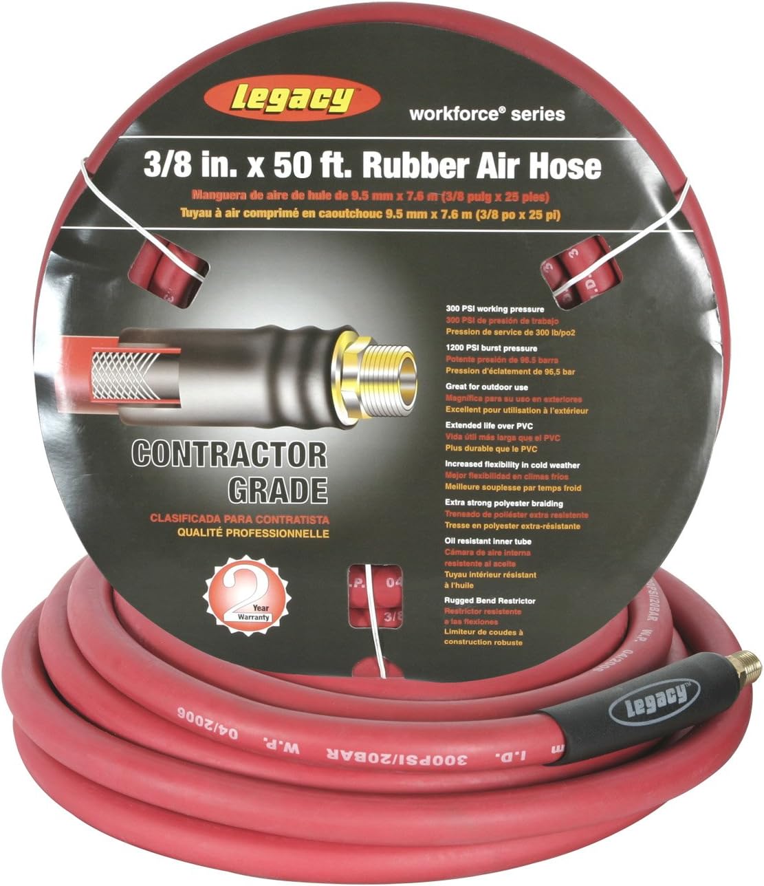 Workforce Air Hose, 3/8 in. x 50 ft., 1/4 Fittings, Rubber, Red - HRE3850RD2
