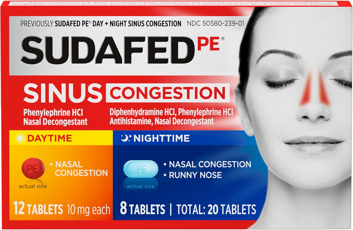 Sudafed PE Day + Night Tablets, Phenylephrine HCl, 20 ct | Diphenhydramine HCl, Maximum Strength Decongestant & Antihistamine