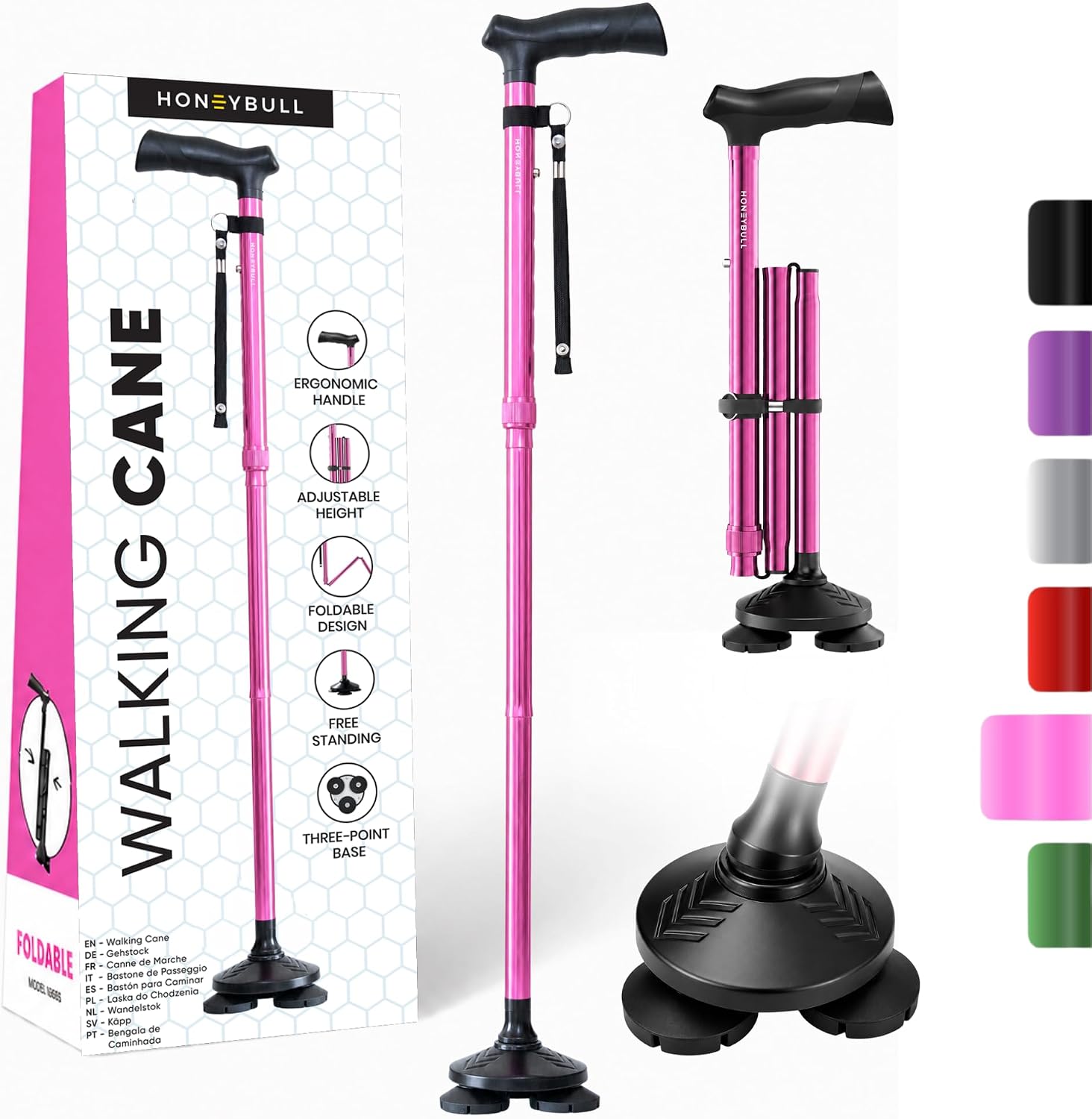 HONEYBULL Walking Cane for Men & Women, Foldable Free Standing Cane | Adjustable height, collapsible design, heavy-duty, pivot base for stable support, ergonomic handle