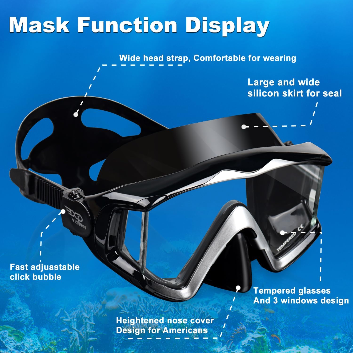 Adult Pano 3 Scuba Diving Mask, Tempered Glass Snorkel Mask Anti-Fog Swim Mask No Leakage Swim Goggles with Nose Cover Snorkeling Gear for Snorkeling