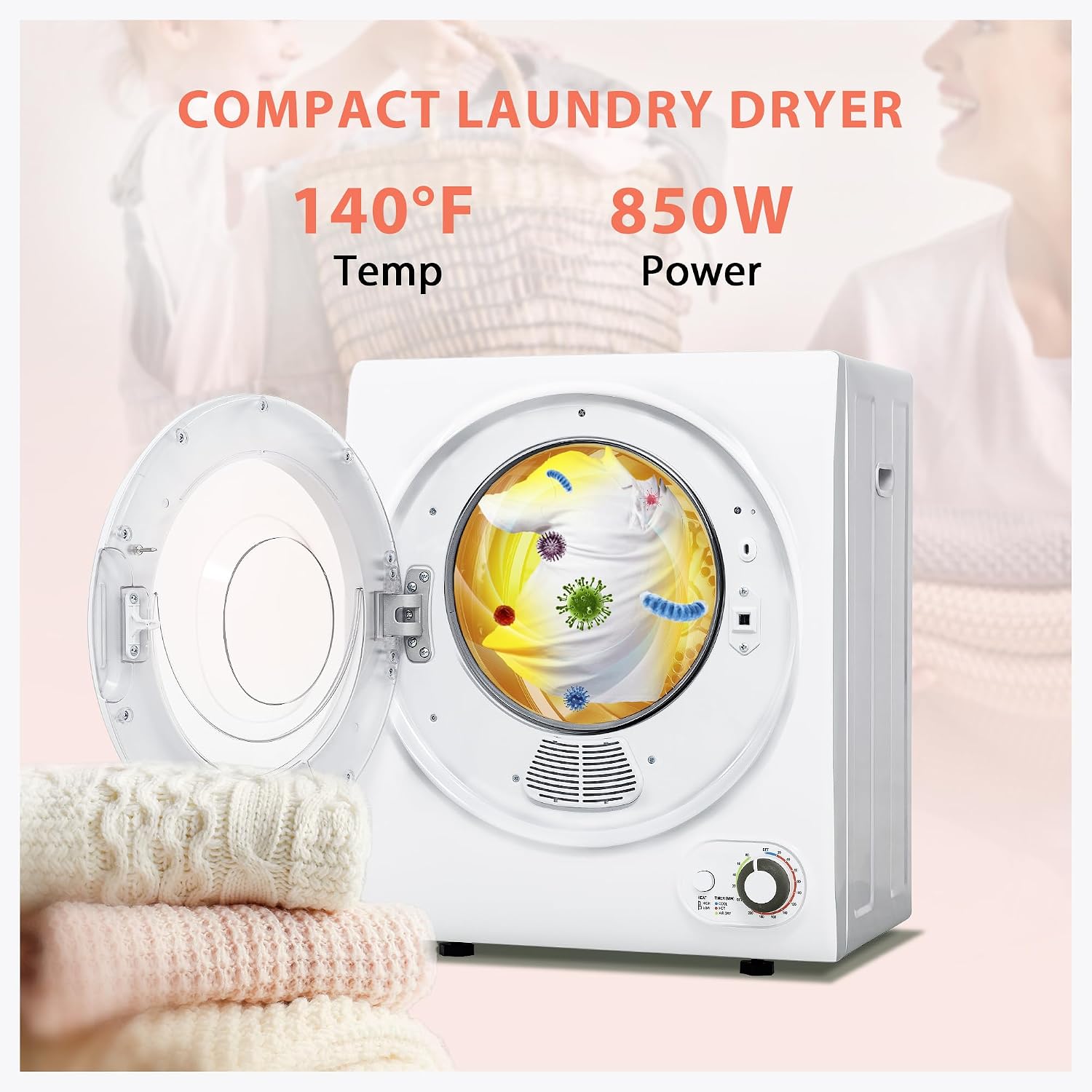 Euhomy Compact Laundry Dryer, 3.5 cu ft Front Load Stainless Steel Clothes Dryers With Exhaust Pipe, 1500W