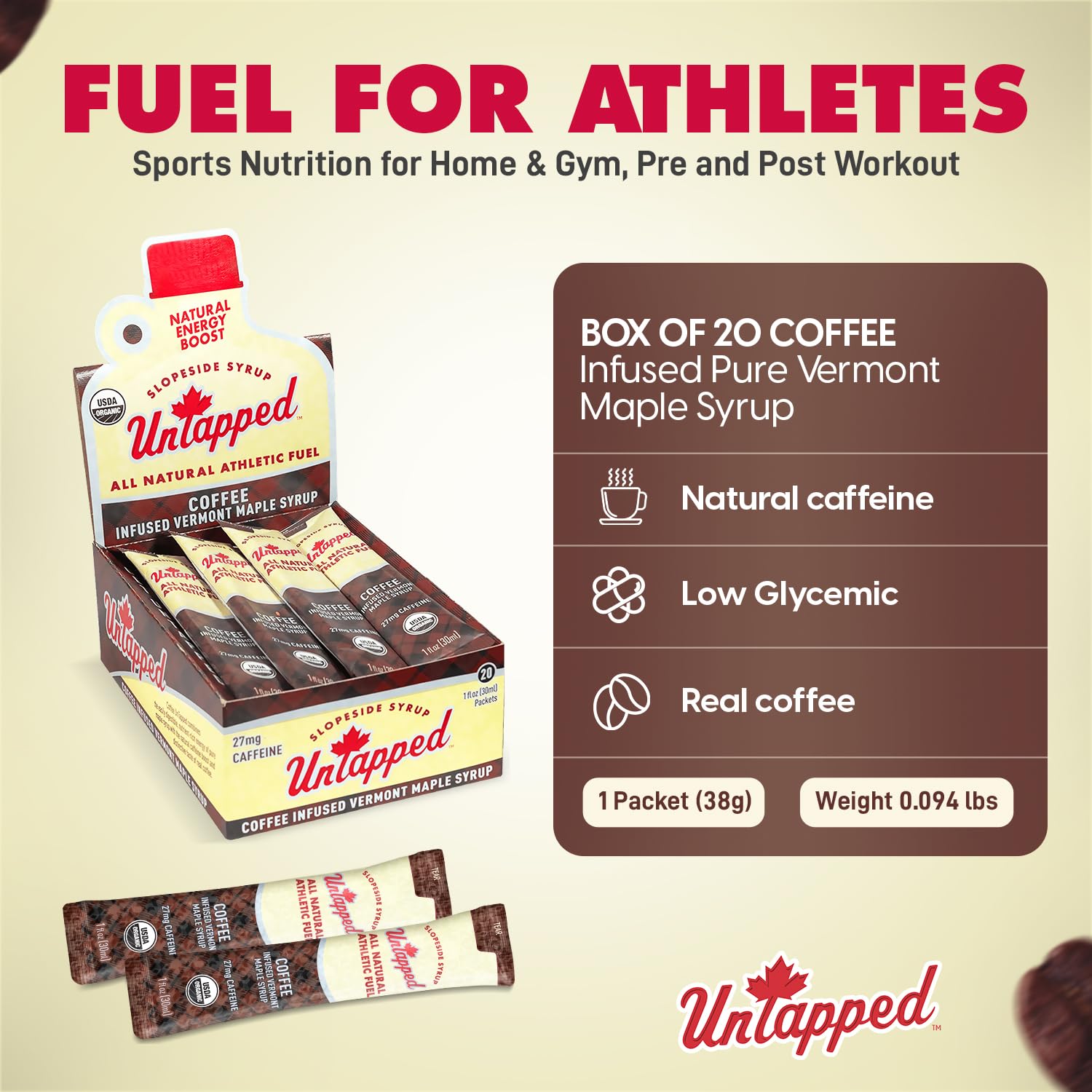 UnTapped Vermont Maple Syrup Packets for Athletes, Box of 20-0.96 Fl Oz | Organic Pure Maple Syrup for Natural Endurance Energy | Fuel to Keep You Running Longer
