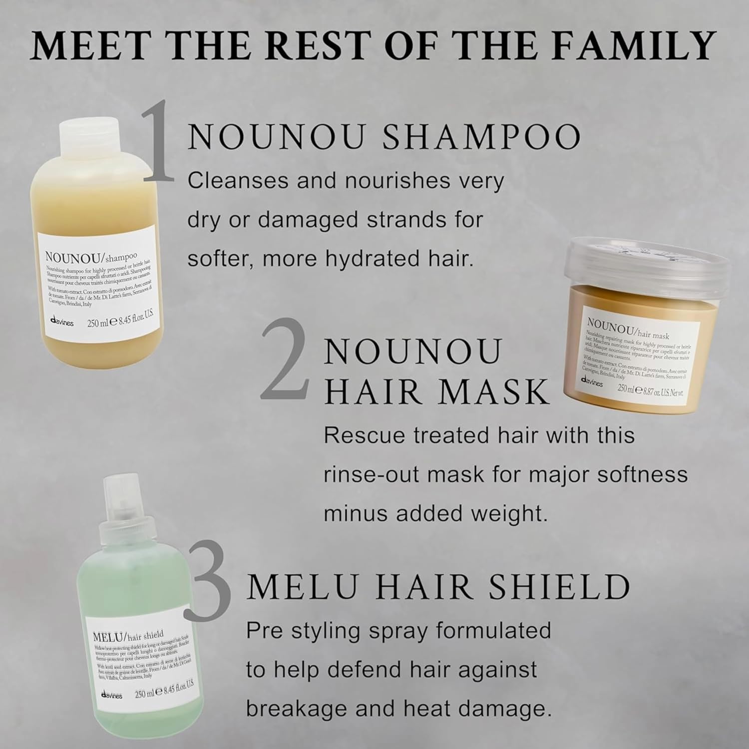 Davines NOUNOU/Shampoo, Nourishing Cleanser for Damaged, Processed or Brittle Hair - Restores Natural Softness, Shine & Body with Lupin- Hydrates Chemically Treated Hair