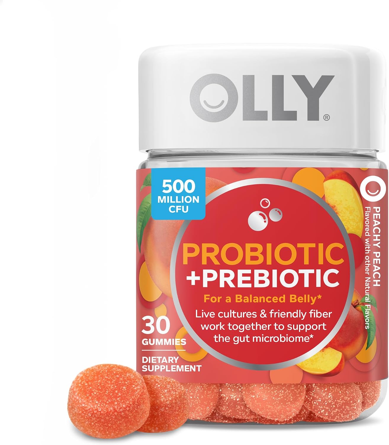 OLLY Probiotic + Prebiotic Gummy, 500 million CFUs, Peachy Peach - 30 Count