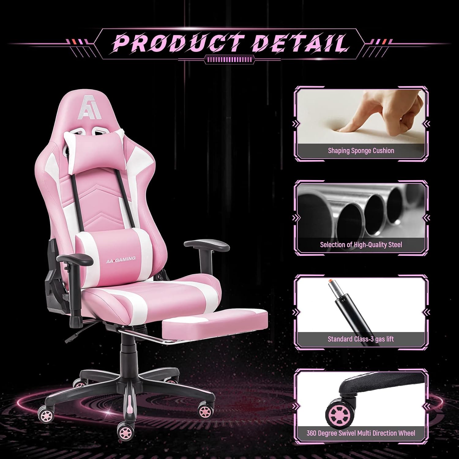 AA Products Gaming Chair Ergonomic High Back Computer Racing Chair Adjustable Office Chair with Footrest, Lumbar Support Swivel Chair - Black