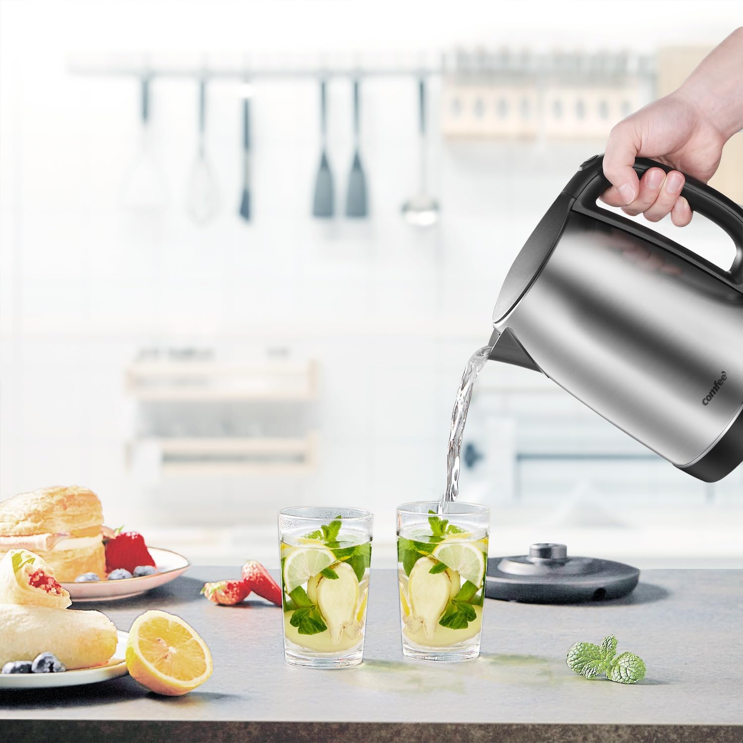 Comfee 1.7L Stainless Steel Electric Tea Kettle, BPA-Free Hot Water Boiler, Cordless with LED Light, Auto Shut-Off and Boil-Dry Protection