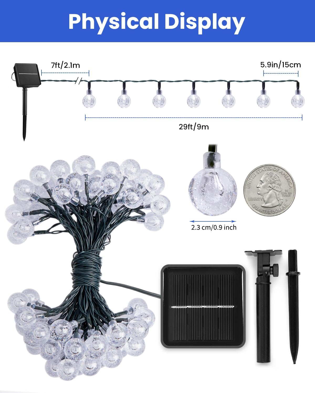 Brightown Solar String Lights Outdoor 60 Led 35.6 Feet Crystal Globe Lights with 8 Lighting Modes