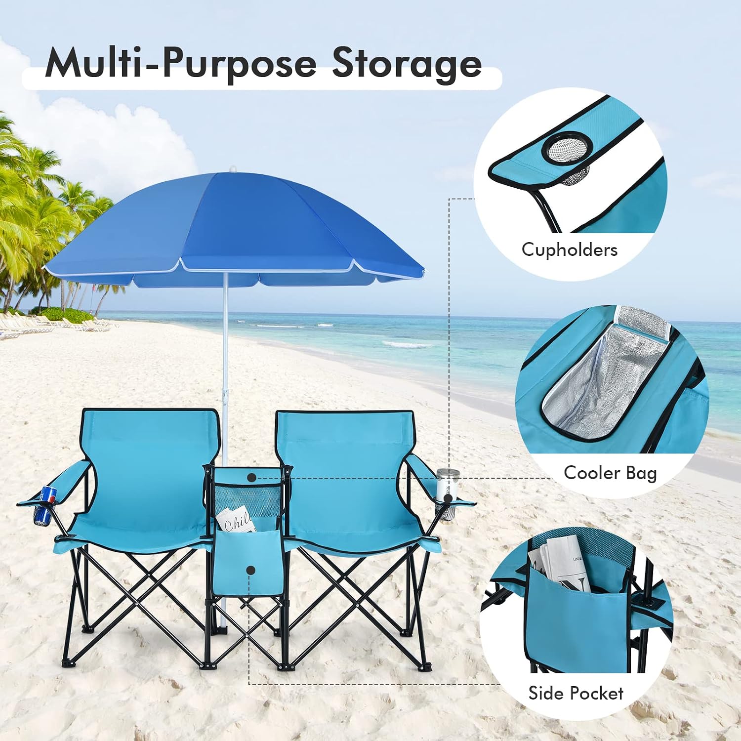 COSTWAY Double Portable Picnic Chairs, Folding Camping Chairs w/Detachable Umbrella, Cooler Bag, Cup Holders, Patio Beach Camping Chairs for Outdoors, Blue | Detachable Umbrella, Cooler Bag, Cup Holders, Patio Beach Camping Chairs for Outdoors, Blue