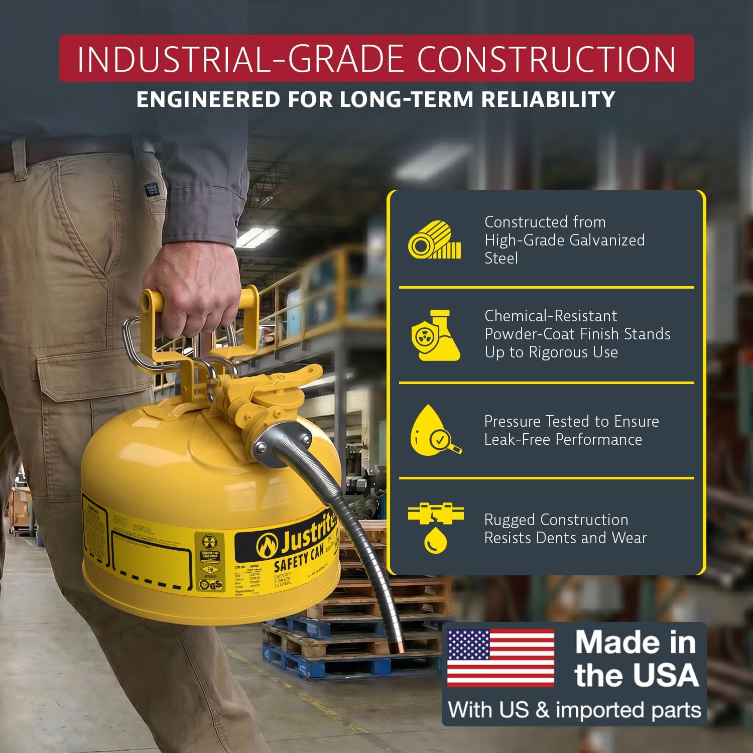 Justrite Type II Diesel Fuel Can, Yellow Galvanized Steel, FM Approved | Flammable Liquid Storage Can with Controlled Pouring, 2 Gallon Capacity