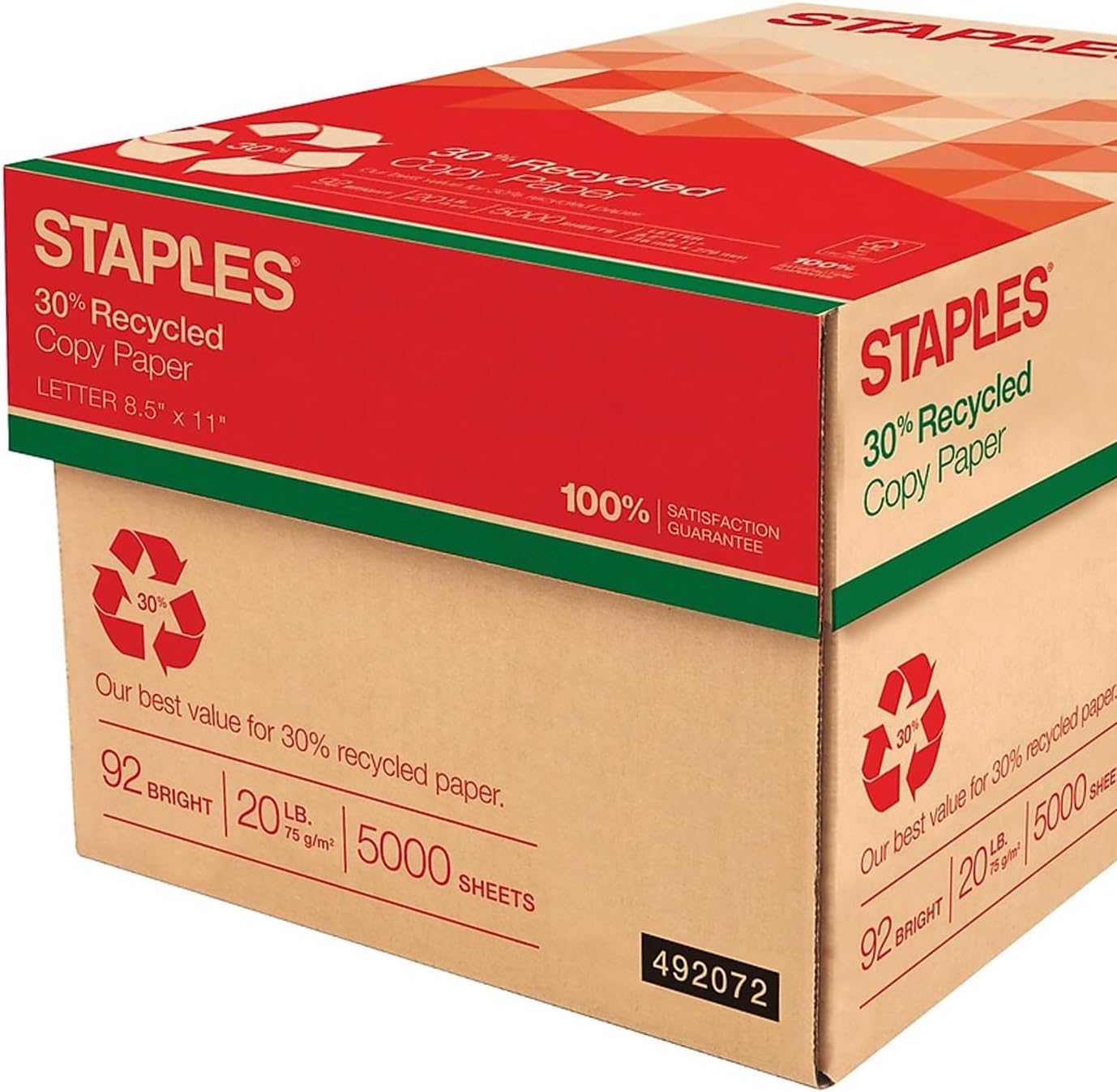 Staples 30% Recycled 8.5-Inch X 11-Inch Copy Paper 20 Lbs 92 Brightness 500/Ream, For Office, School & Home