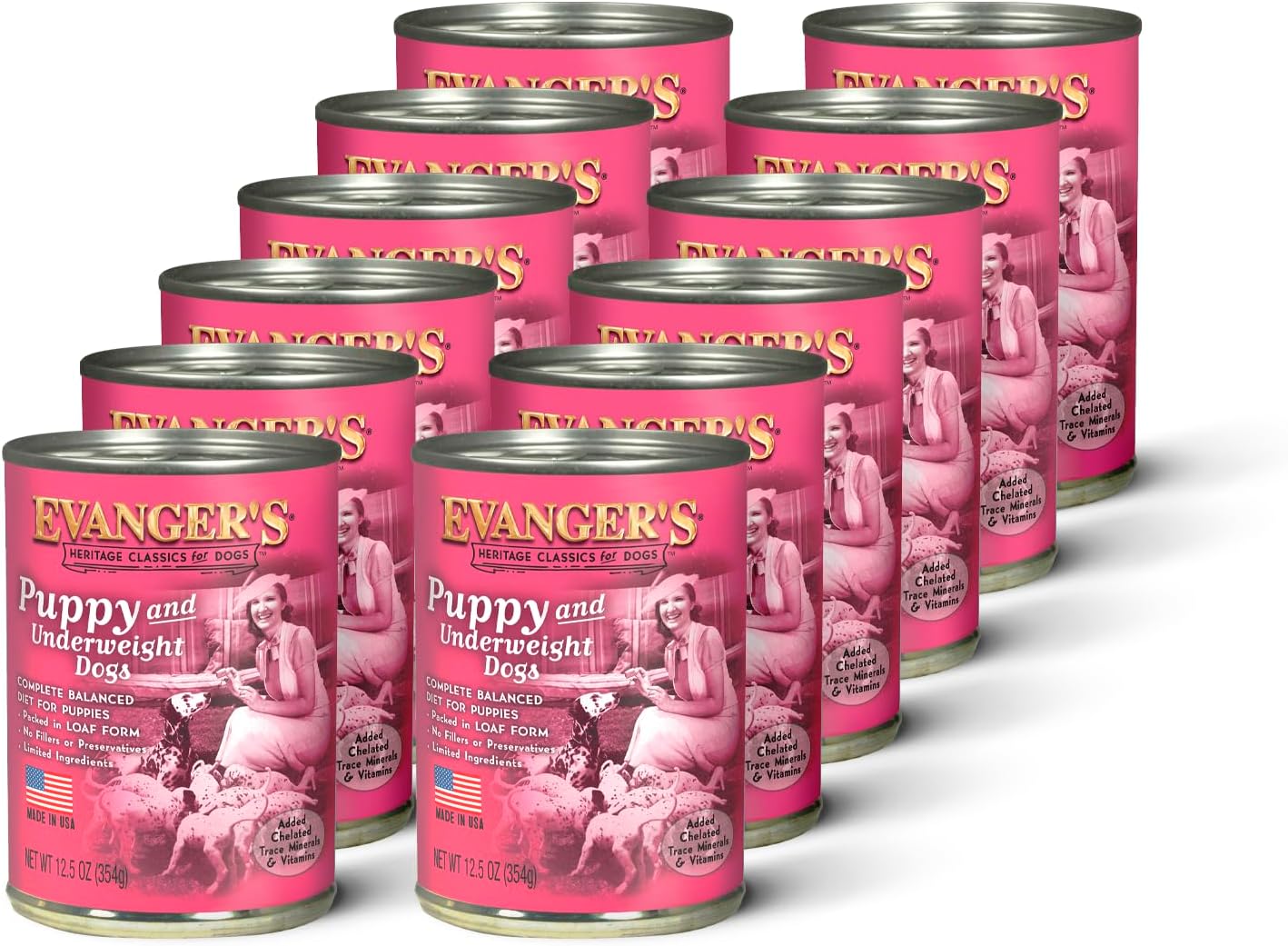 Evanger's Heritage Classic Puppy Food – 12 Count, 12.5 oz Each – Tasty Meat-Based Formula for Puppies & Underweight Dogs – Added Vitamins & Chelated Trace Minerals – Grain & Gluten Free