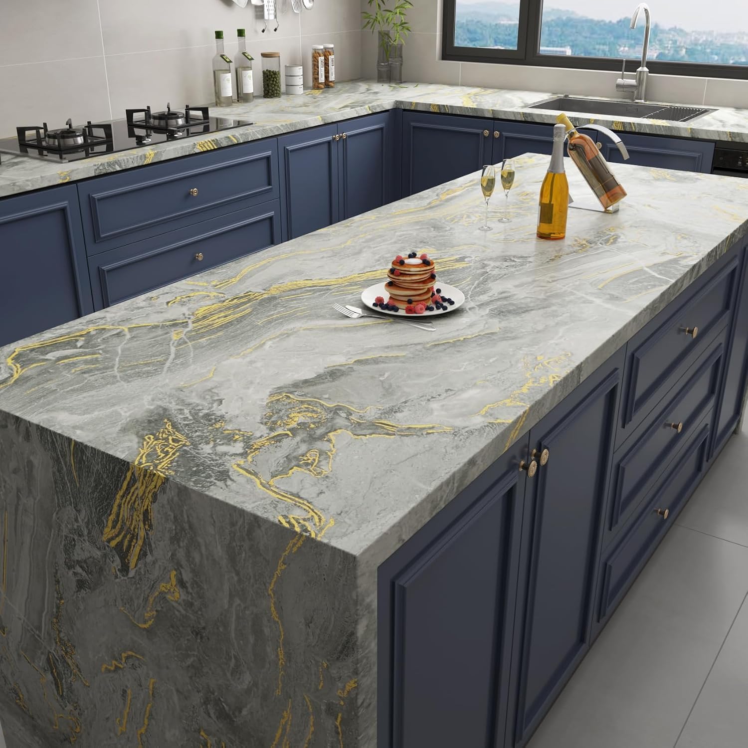 Yenhome Marble Countertop Contact Paper Waterproof Beige Gold Grey Marble Contact Paper for Countertops 17.7"X118" Self Adhesive Marble Wallpaper for Kitchen Matte Peel and Stick Countertop Wrap Vinyl