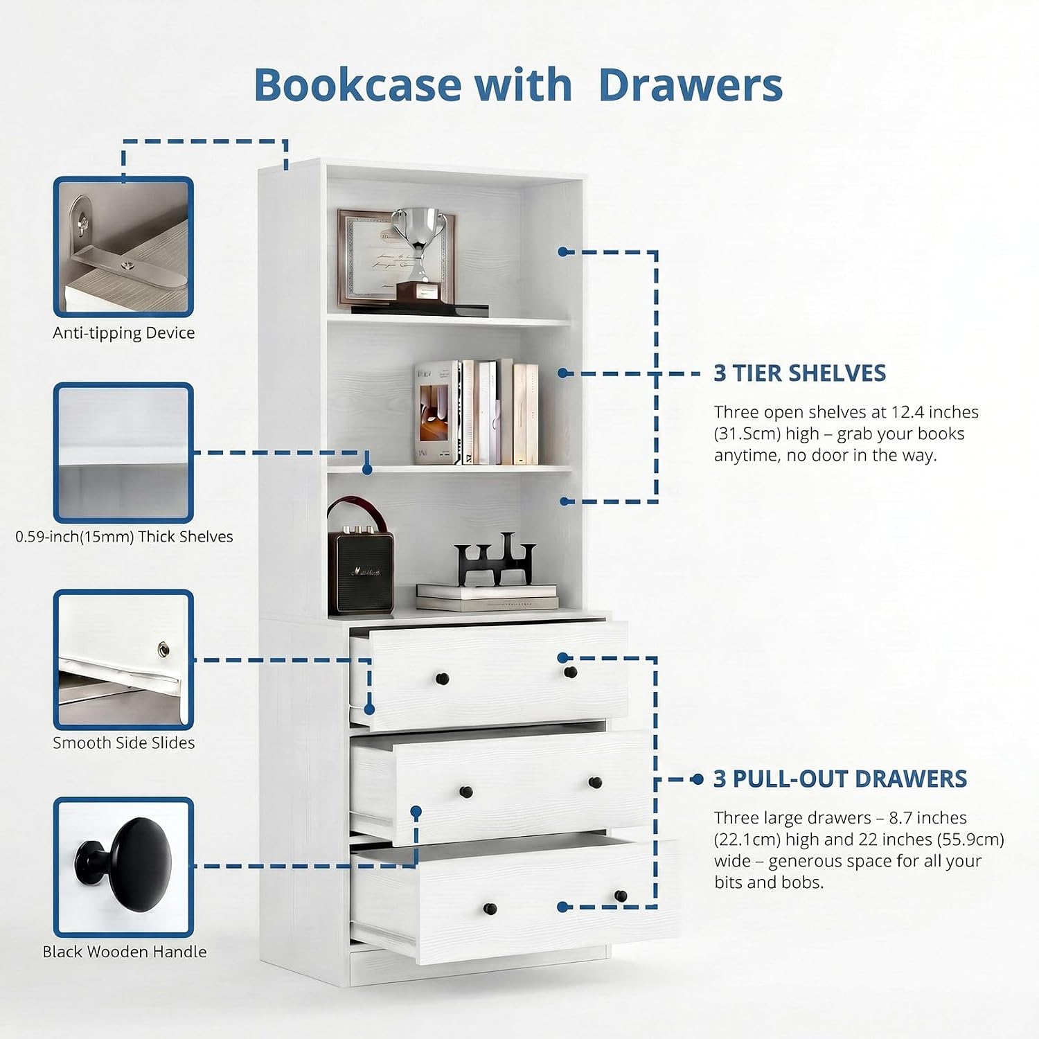 TUSY 71" H Bookcase with Storage | 6-Tier Modern Bookshelf with Drawers, Display Bookcase with Glass Doors, White Curio Cabinet for Home Office, Living Room