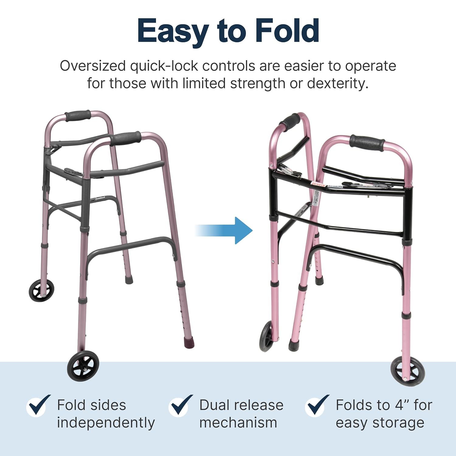 Lumex ColorSelect Walkers for Seniors, Rolling & Folding Adult Walker with Wheels, Pink