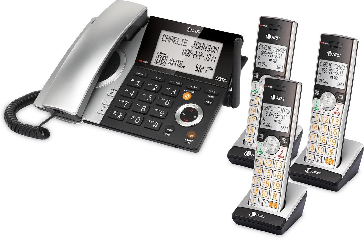 AT&T DECT 6.0 Expandable Cordless Phone with Answering System, Silver/Black with 3 Handsets