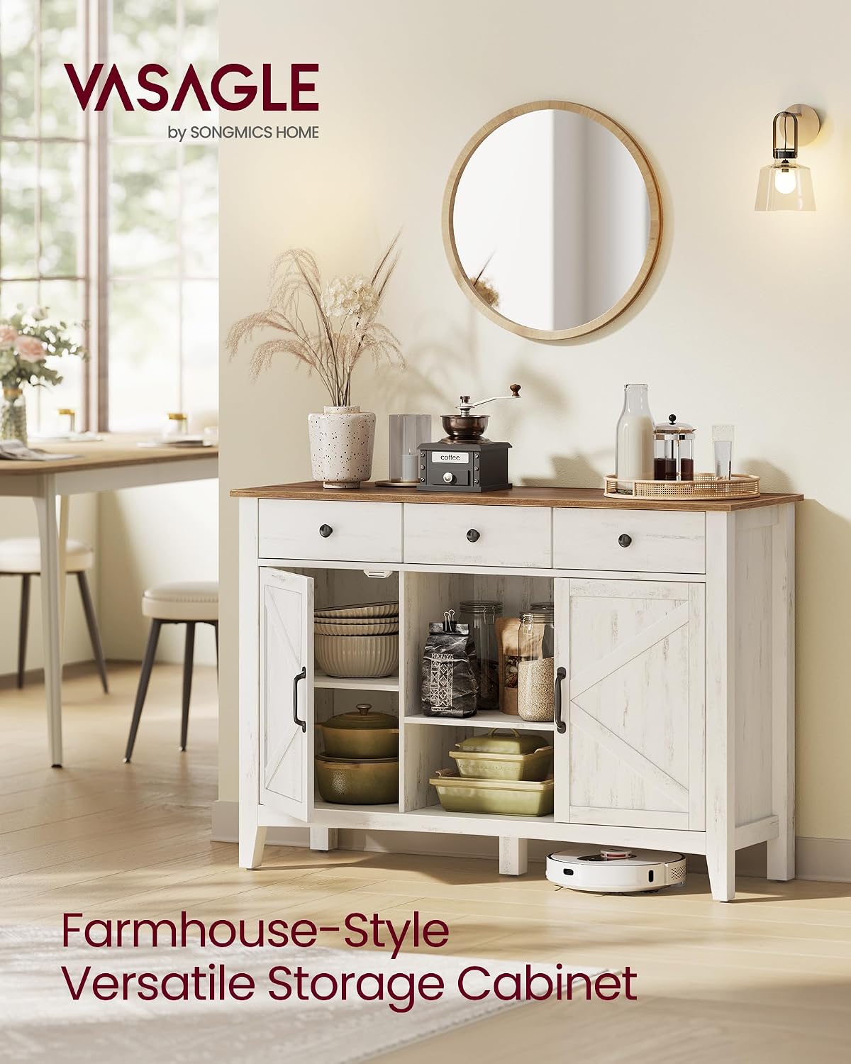 VASAGLE LIRY Collection - Storage Cabinet, Buffet Cabinet, Sideboard, Credenza, with Adjustable Shelves, for Entryway, Rustic White and Honey Brown ULSC381W01