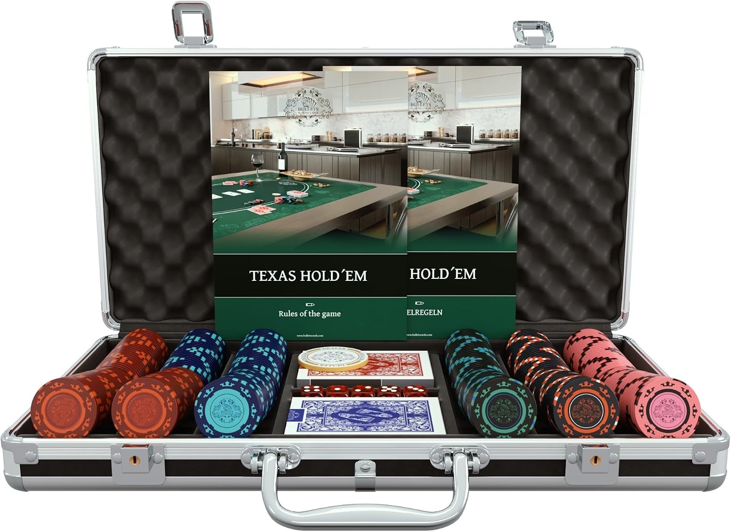 Bullets Playing Cards | Poker Set Corrado | 500 Clay Poker Chips (14 g) with Aluminum Case & Playing Cards – Texas Hold’em