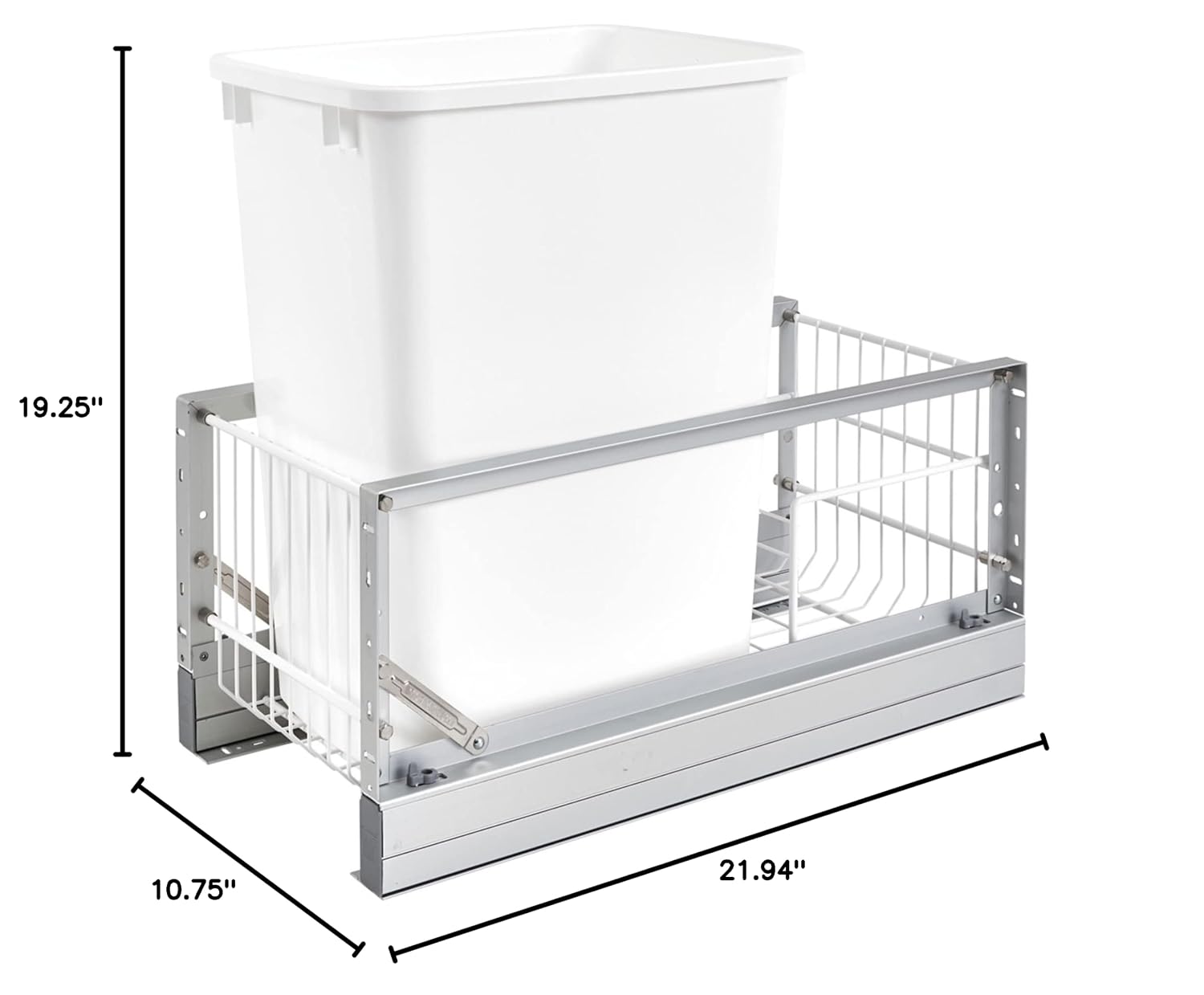 Rev-A-Shelf 35 Qt Aluminum Bottom Mount Double Pullout Waste Container w/Soft-Close for Base Kitchen Cabinets, Min. 15" Opening Width, Silver & White, 5349-15DM18-2