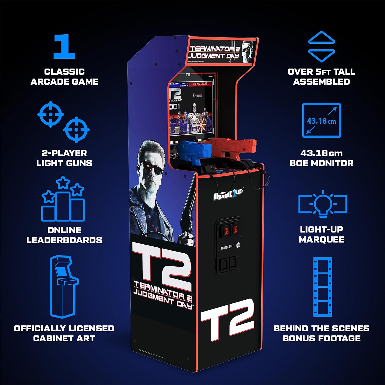 Arcade1Up Terminator 2 Deluxe Arcade Machine with Real-Feel Arcade Guns | 17-Inch BOE Color Monitor, Dual Speakers and Wi-Fi Online Leaderboards