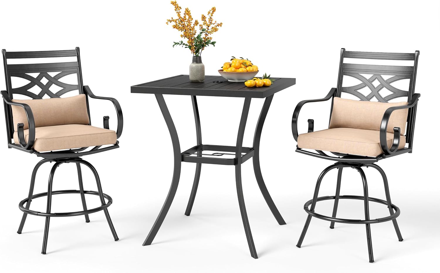 PHI VILLA Outdoor Bar Set 3 PCS Patio Bistro Table & Swivel Stools