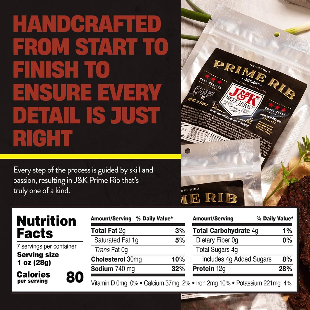 J&K Jerky Prime Rib Beef Jerky - Authentic American Made Slab Jerky for a Delicious Protein Snack - 7oz Big Bag of Jerky