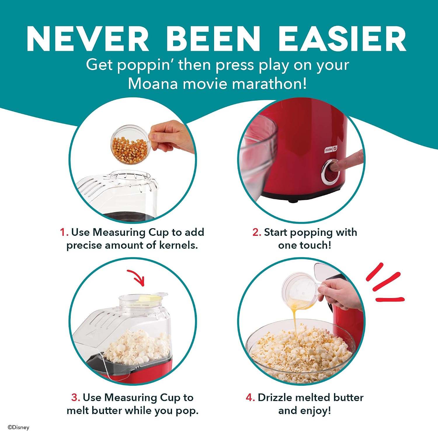 Dash Fresh Pop Popcorn Maker, 16-Cup Hot Air Popper, Aqua | Electric Popcorn Machine, Oil-Free Air Popped Popcorn, Built-In Measuring Cup & Butter Melting Tray, Movie Night Snacks
