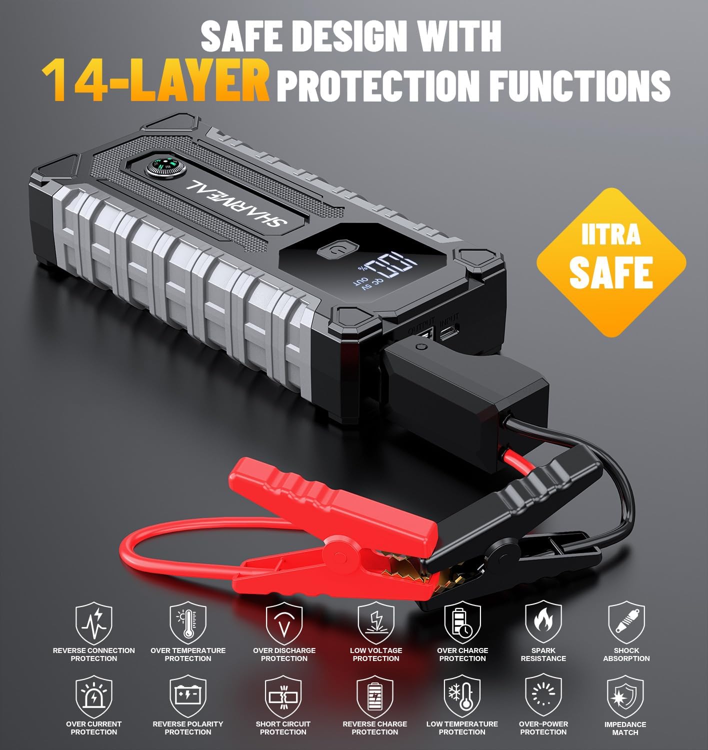 Sharmeal Car Jump Starter 7000A, Jump Starter Battery Pack for All Gas and 12.0L Diesel, 12V Portable Jump Box with LED Light