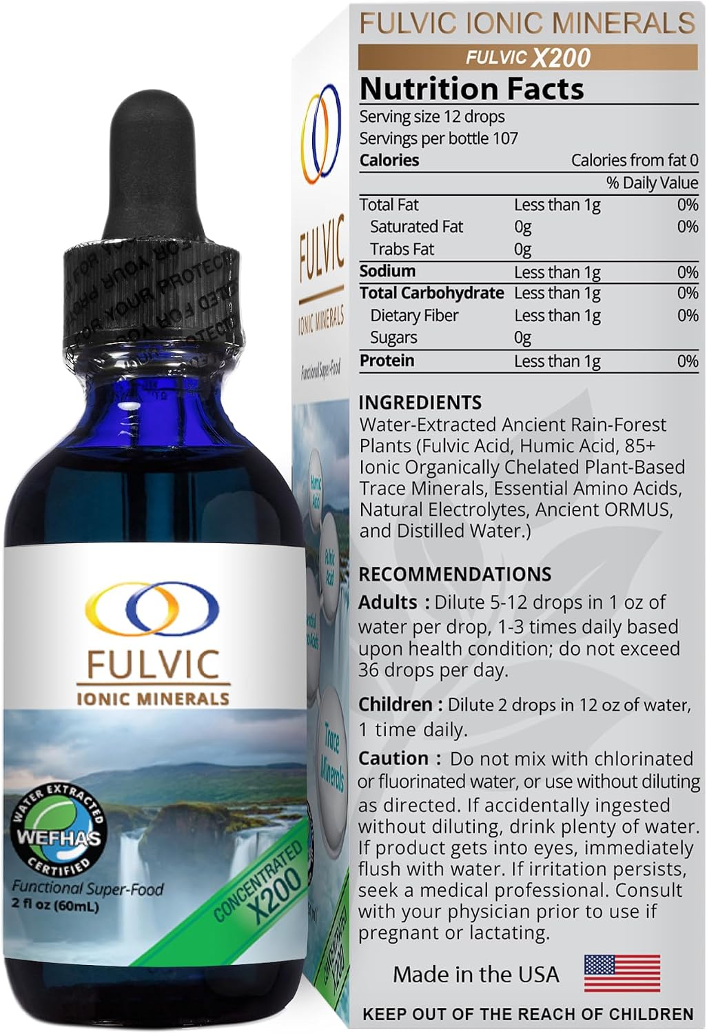 Optimally Organic Water Extracted Fulvic Ionic Minerals X200 - Patented BioActive Fulvic Acid, Humic Acid, Trace Minerals