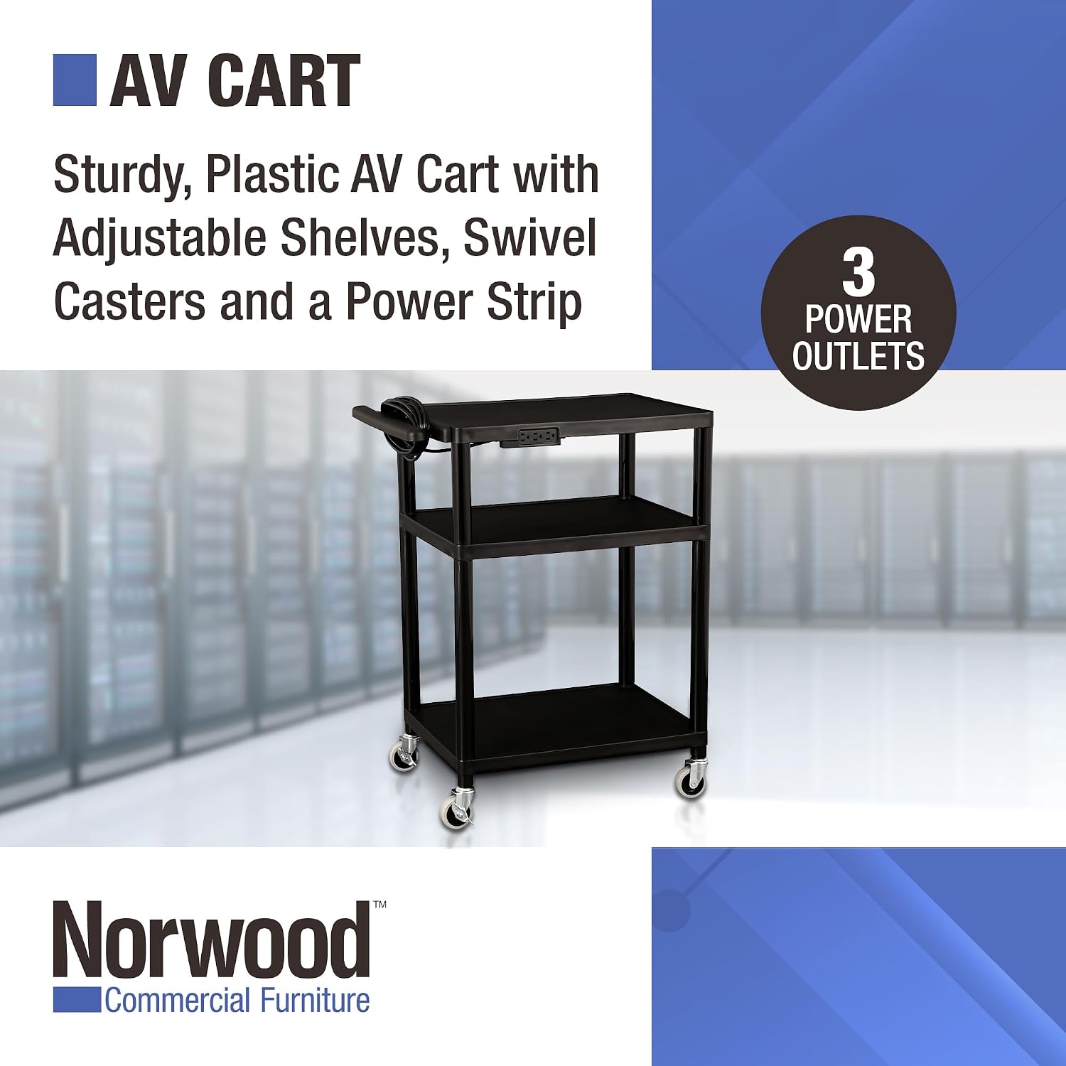 Norwood Commercial Furniture Mobile Utility AV Cart with Power Strip and Casters, Rolling Presentation and Media Cart on Wheels, Black