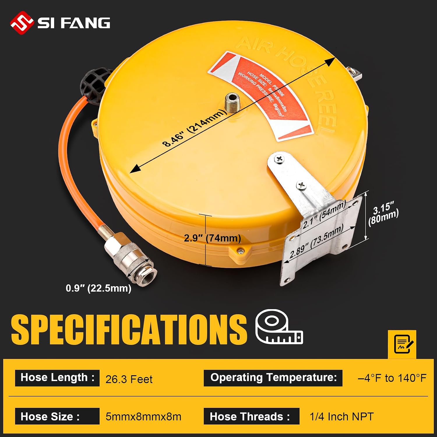 Mini Air Hose Reel With 1/4in. x 26ft. | Retractable Air Compressor Hose for Pneumatic Tools, Auto Rewind, Ceiling/Wall Mount