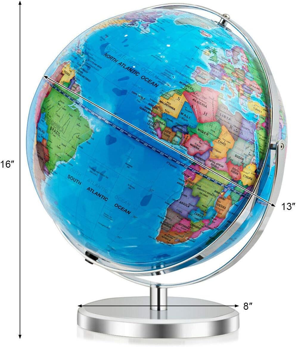 Goplus 13" Large World Globe with Stand, 720° Rotating Illuminated Globe with LED Lights, Metal Base, Desktop Geographic Globe for Home Office