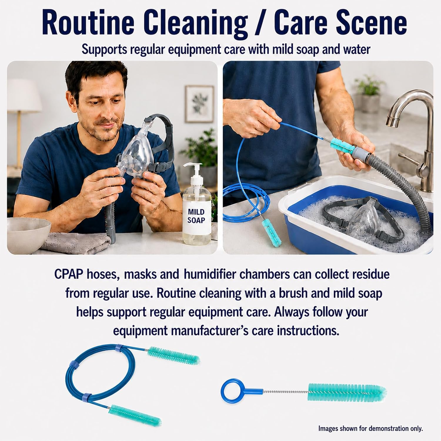 CPAP Cleaning Brush Set, 78.7 in Dual-Ended CPAP Hose Brush for 22 mm & 15 mm Tubing, Tube Cleaning Brush & Hose Cleaner Brush with Detail Brush for Mask