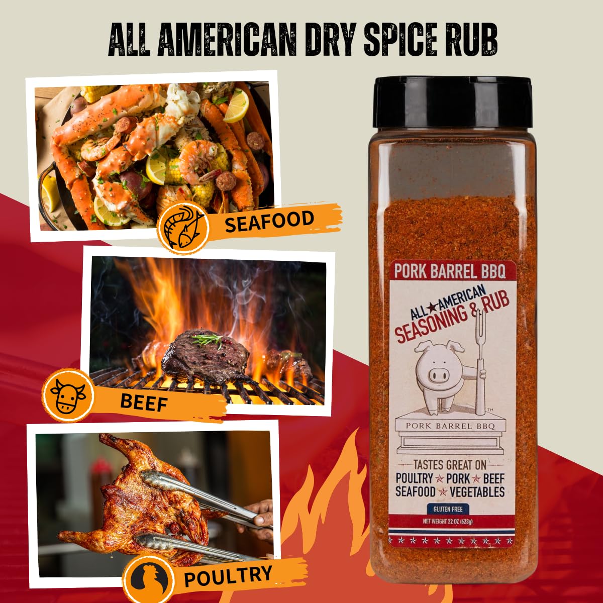 Pork Barrel BBQ All-Purpose BBQ Seasoning & Rub | Sugar-Free, Gluten-Free, MSG-Free | All American BBQ Seasoning for Chicken, Beef & Pork – 22oz Jar