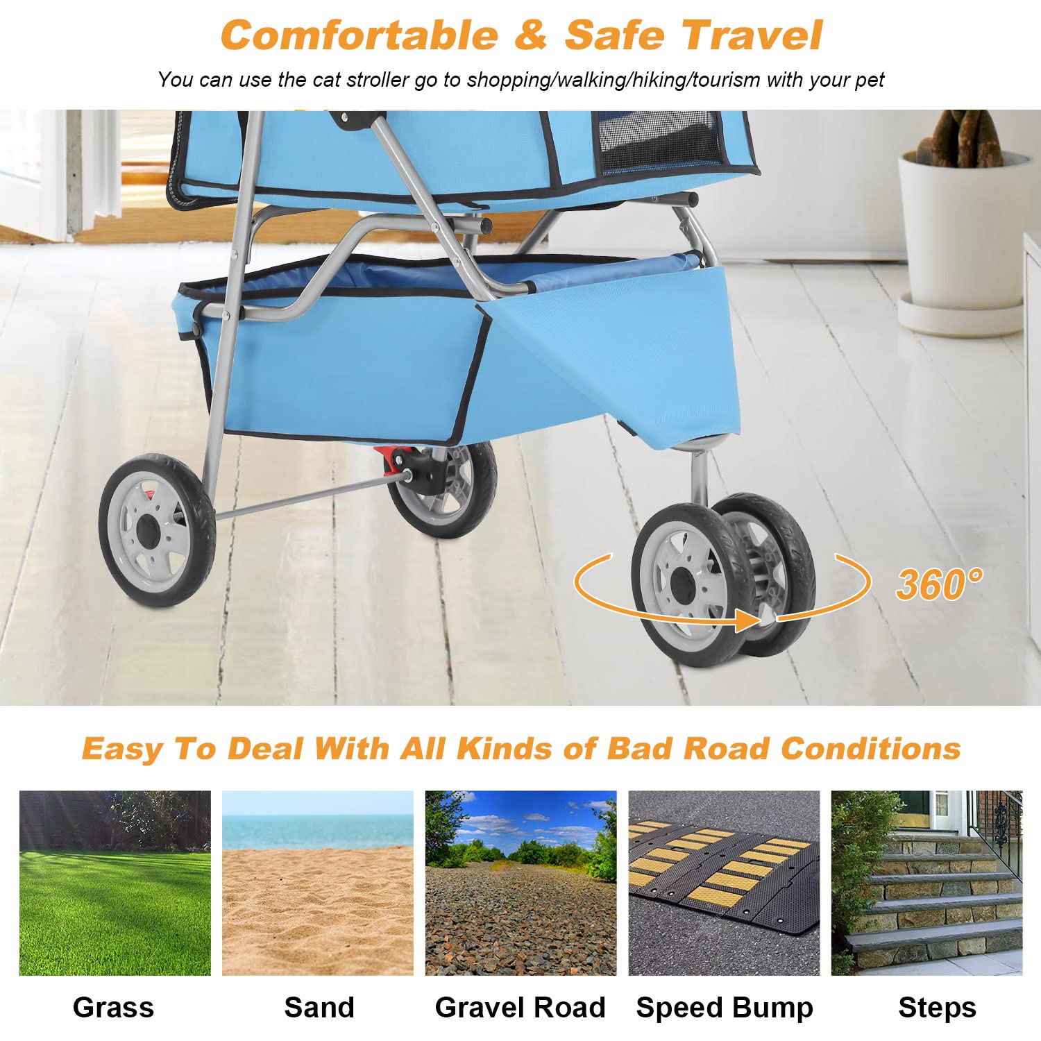 BestPet | 4-Wheel Foldable Pet Stroller | Black | Lightweight & Portable | Travel Carrier with Mesh Windows, Storage Basket, Cup Holder, Safety Brakes, and Waterproof Fabric | For Small Dogs and Cats
