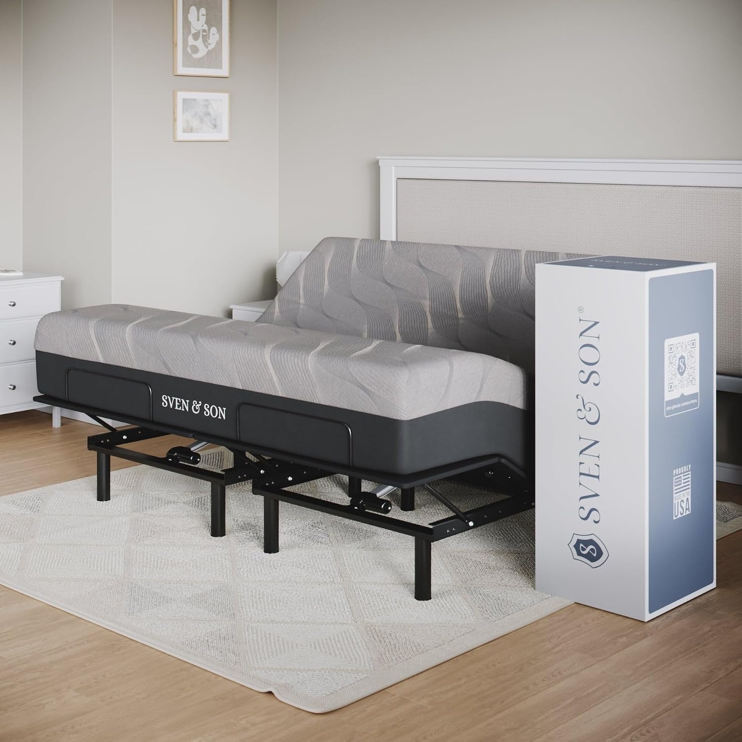 Sven and Son Essential Adjustable Bed Base (Frame) + 12 inch Memory Foam Matt (Medium), Easy Assembly, Head and Foot Lift, Memory Positions