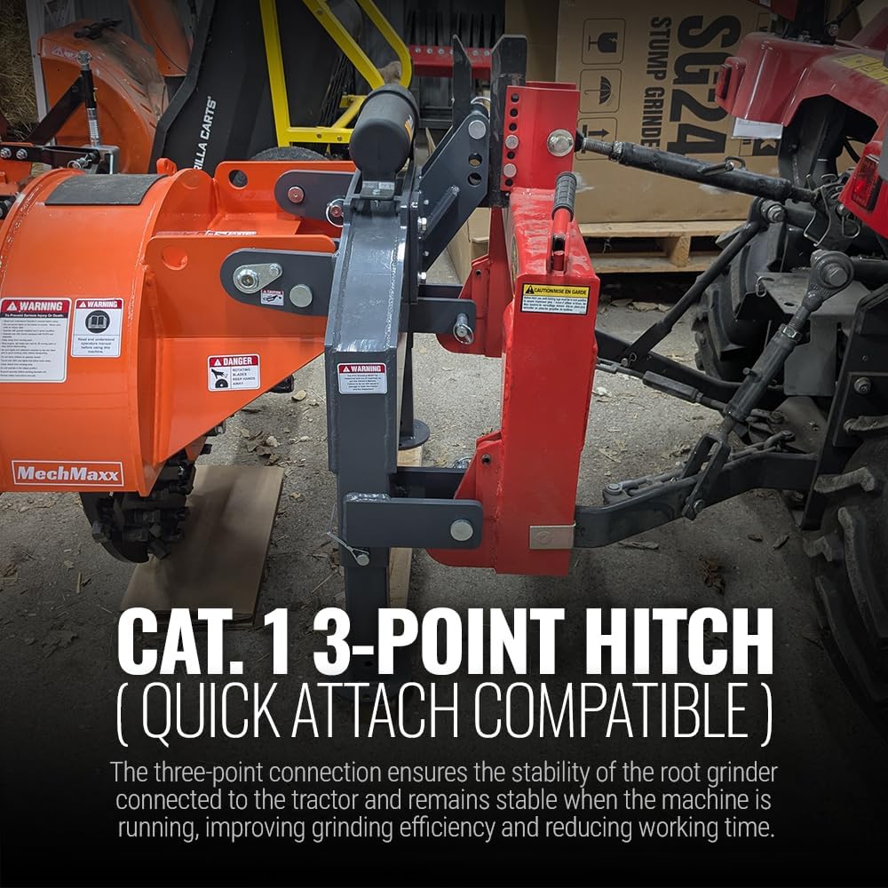 MechMaxx Heavy Duty 3-Point PTO Powered Stump Root Grinder For 15-45HP Tractors With 34 Carbide Teeth, 6'' Cutting Depth, 24'' Flywheel Diameter, Model SG24 Orange