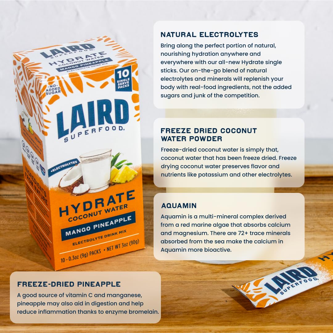 Laird Superfood HYDRATE Coconut Water Powder Drink Supplement with Coconut Water and Auqamin, All Natural, No Added Sugars, Gluten-Free, Non-GMO, Vegan, 8 oz. Bag, Pack of 1