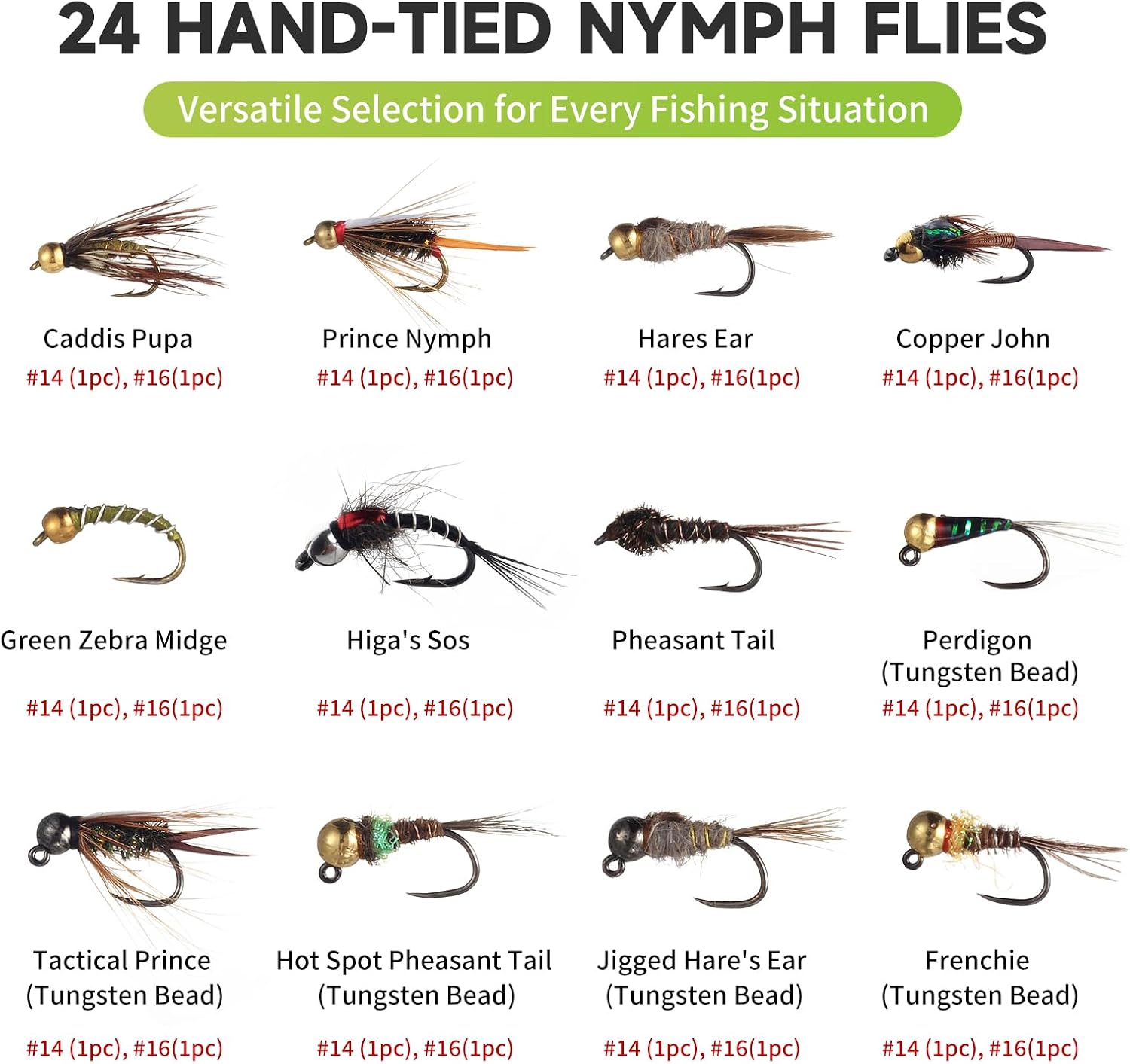 Maxcatch Nymph Fly Fishing Flies Kit for Trout, 24-Piece Assortment with Waterproof Pocket Box, Hand-Tied, Travel-Friendly