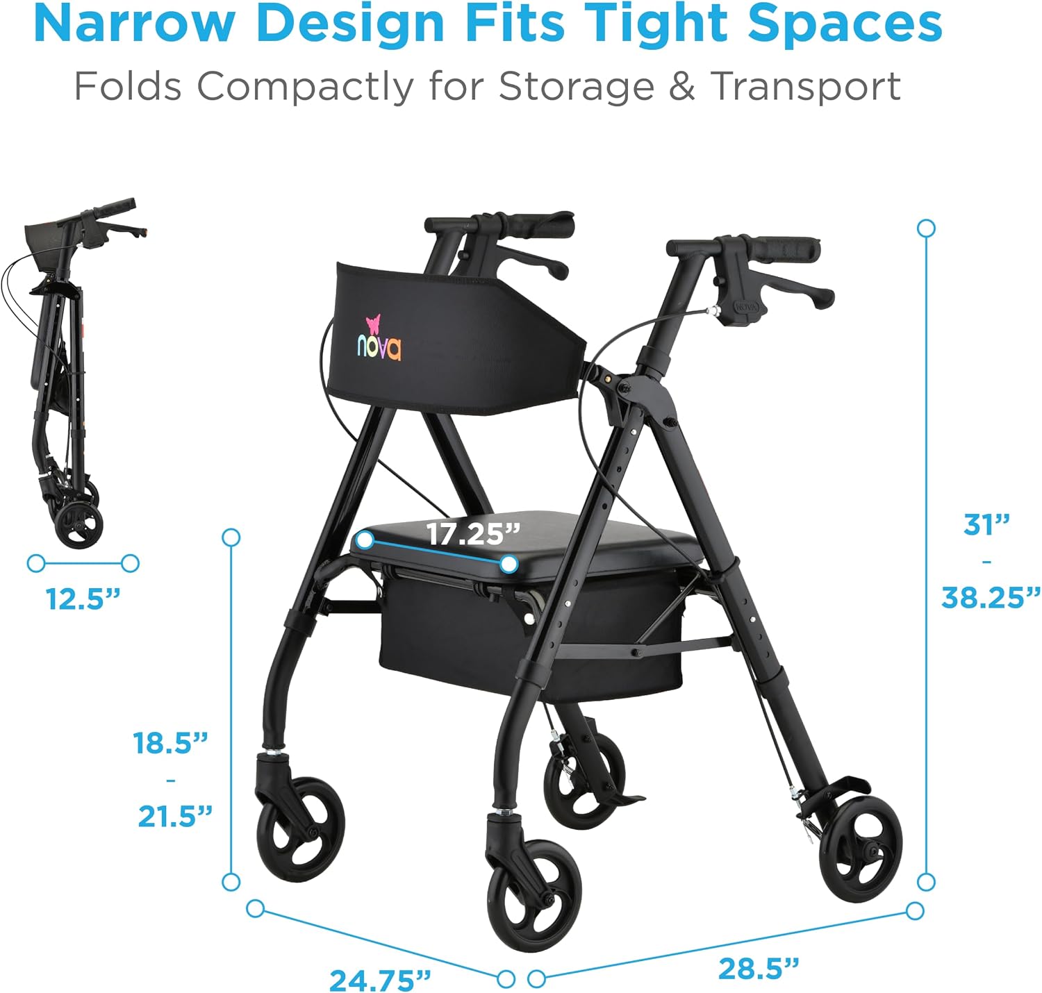 NOVA Star 6 Foldable Rollator Walker for Seniors, Wide Padded Backrest with Seat, 6” All-Terrain Wheels, Easy-Grip Locking Hand Brakes, Height Adjustable, Blue
