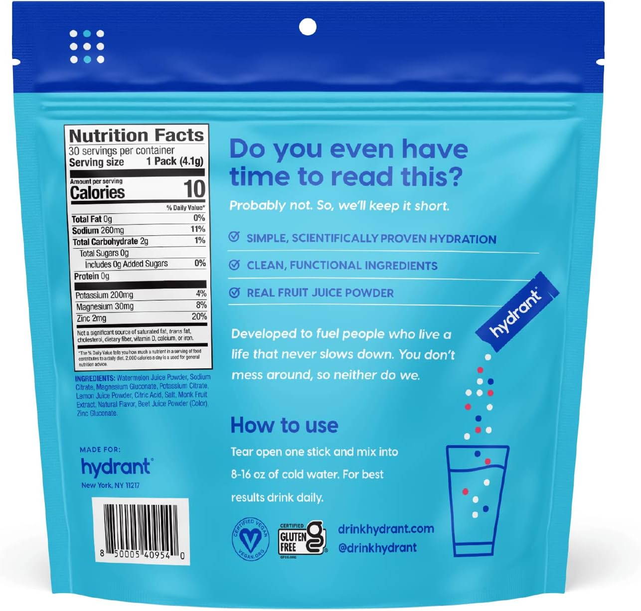 Hydrant Hydrate No Added Sugar, Individual Hydration Electrolyte Powder Stick Packets with Zero Sugar and Electrolytes for Rapid Hydration (Lemonade