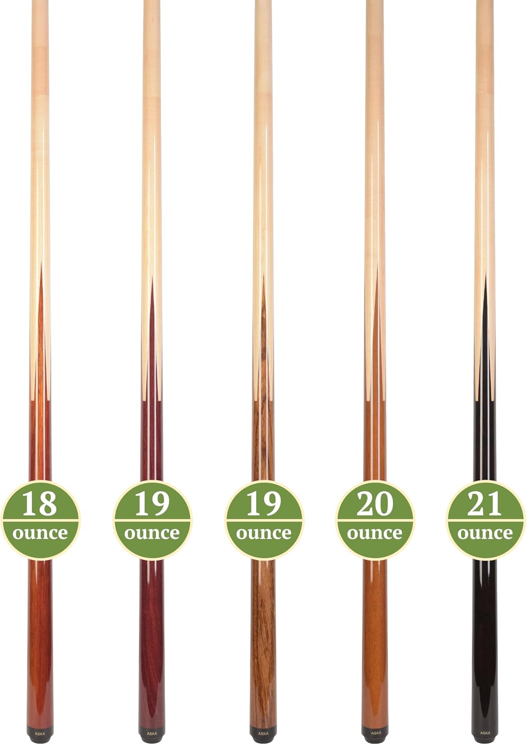 ASKA Sneaky Pete Pool Cue Set, 5 Unique Wood Cues, 58" Canadian Maple Shafts, 13mm Leather Tip, 5/16x18 Joint