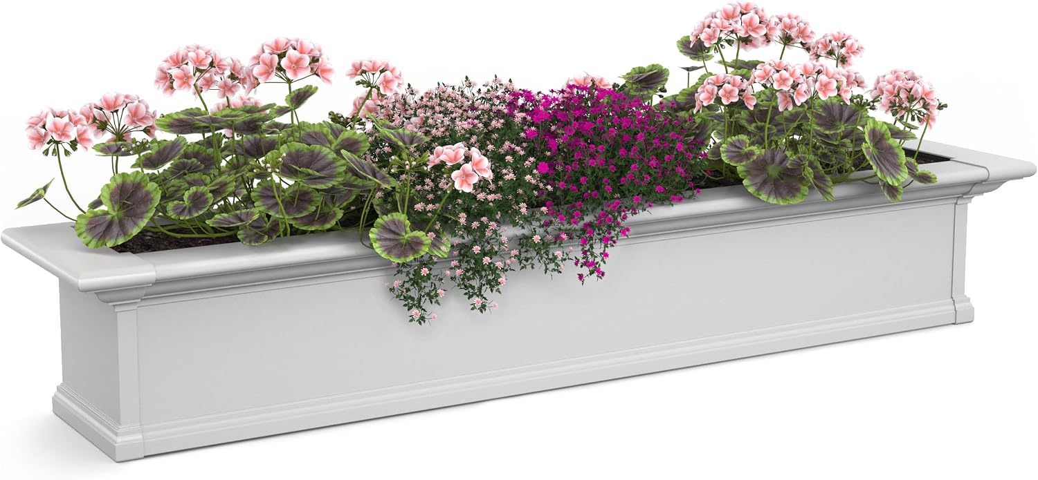 Mayne Yorkshire 60in Self-Watering Rectangular Window Box Planter, White | Self-watering, All season, Fade resistant, Customizable, Mounting brackets included, Built-in overflow, 15-year warranty