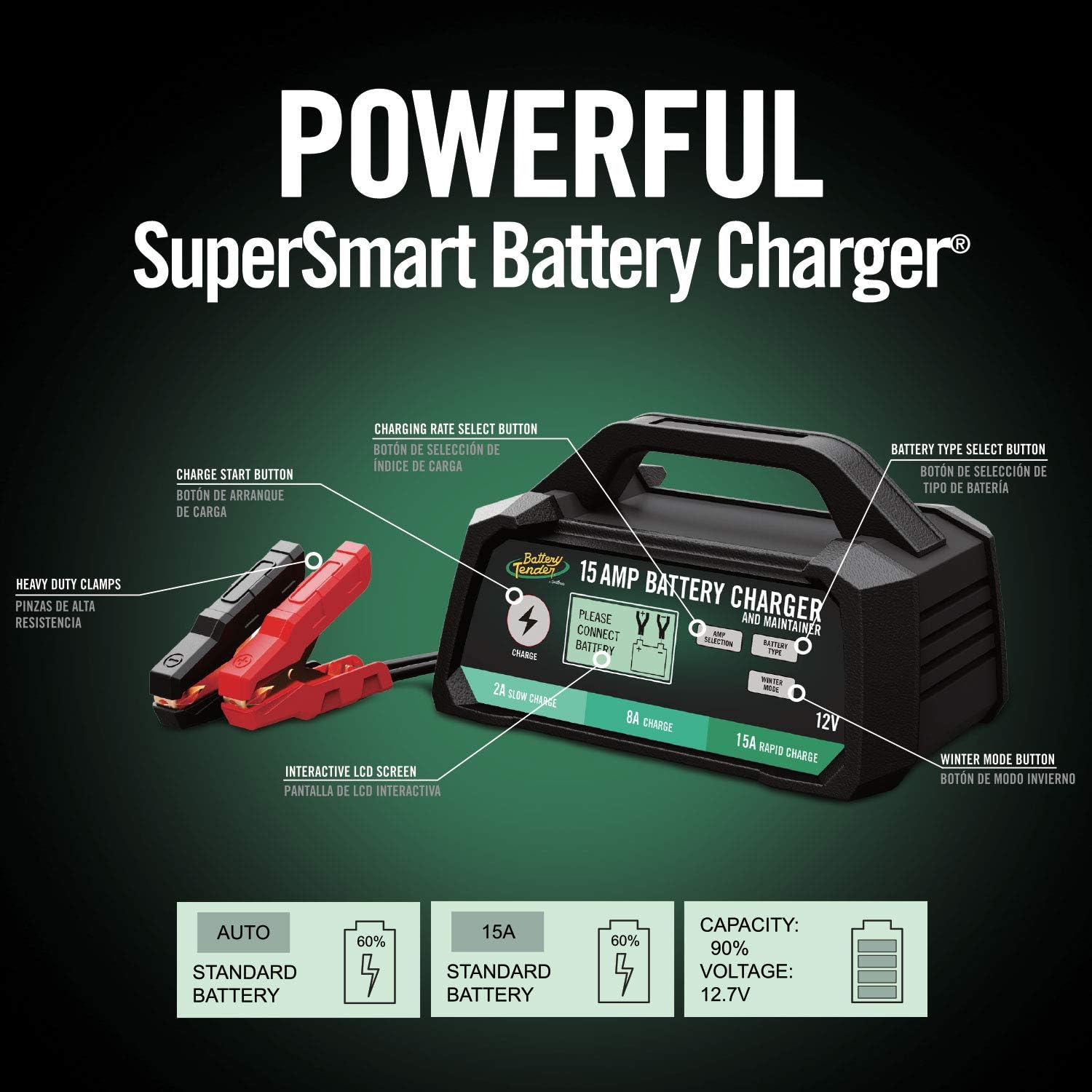 Battery Tender 15 AMP Battery Charger and Maintainer - 12V Switchable 15 AMP / 8 AMP / 2 AMP - Selectable Chemistry Standard AGM Gel - LCD Display
