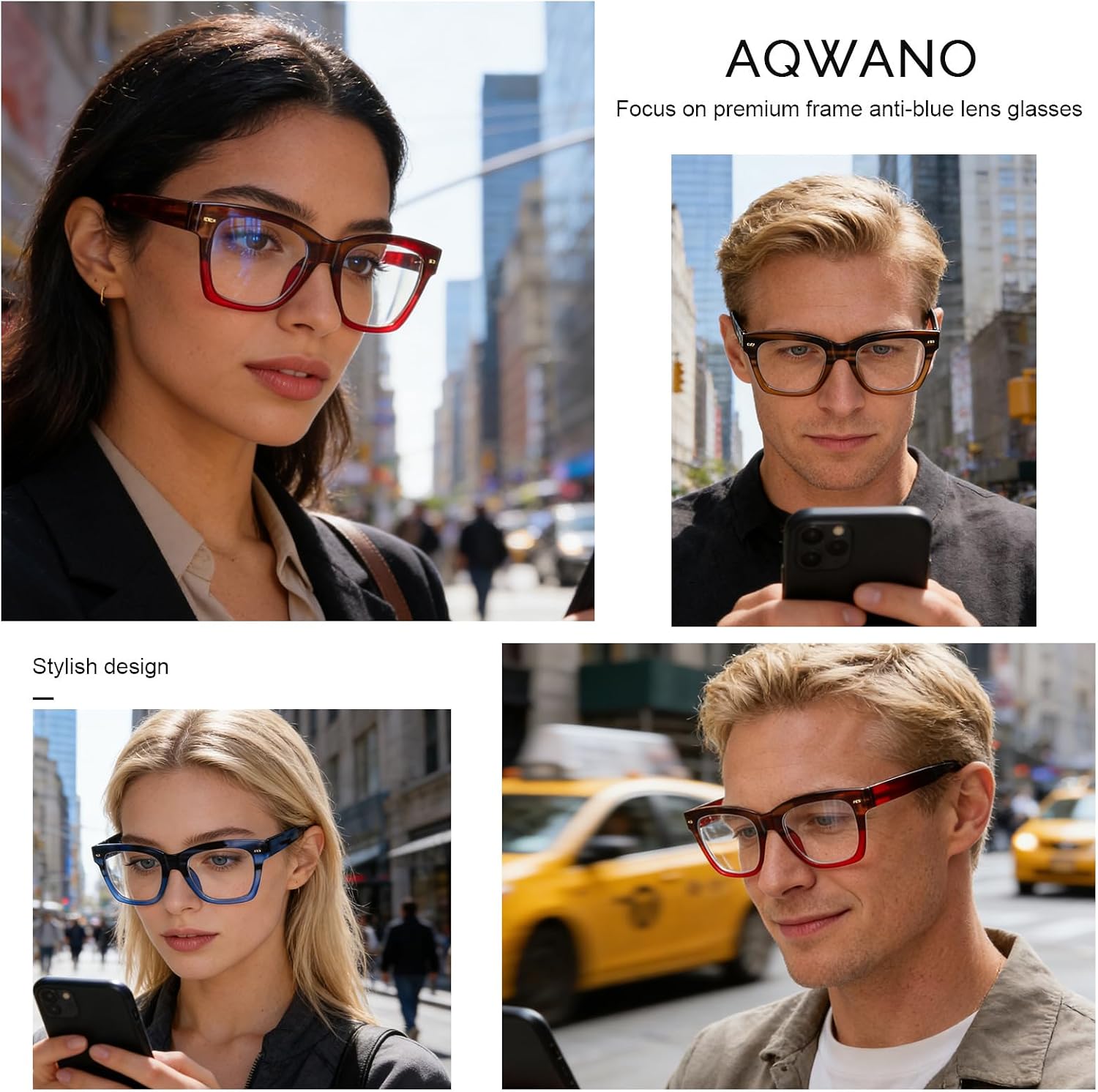 AQWANO Oversized Computer Reading Glasses Blue Light Blocking, 4 Pairs Stylish Fashion Design Anti UV Ray/Eye Strain/Glare Readers Men Women, 1.5