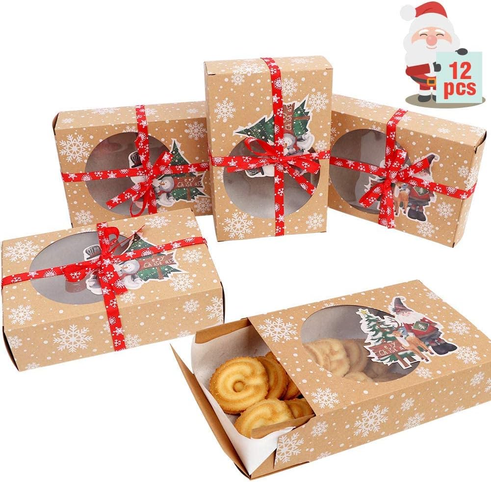 OurWarm 12 Pack Christmas Cookie Boxes for Gift Giving, Large Christmas Cookie Tins Holiday Bakery Treat Boxes with Window